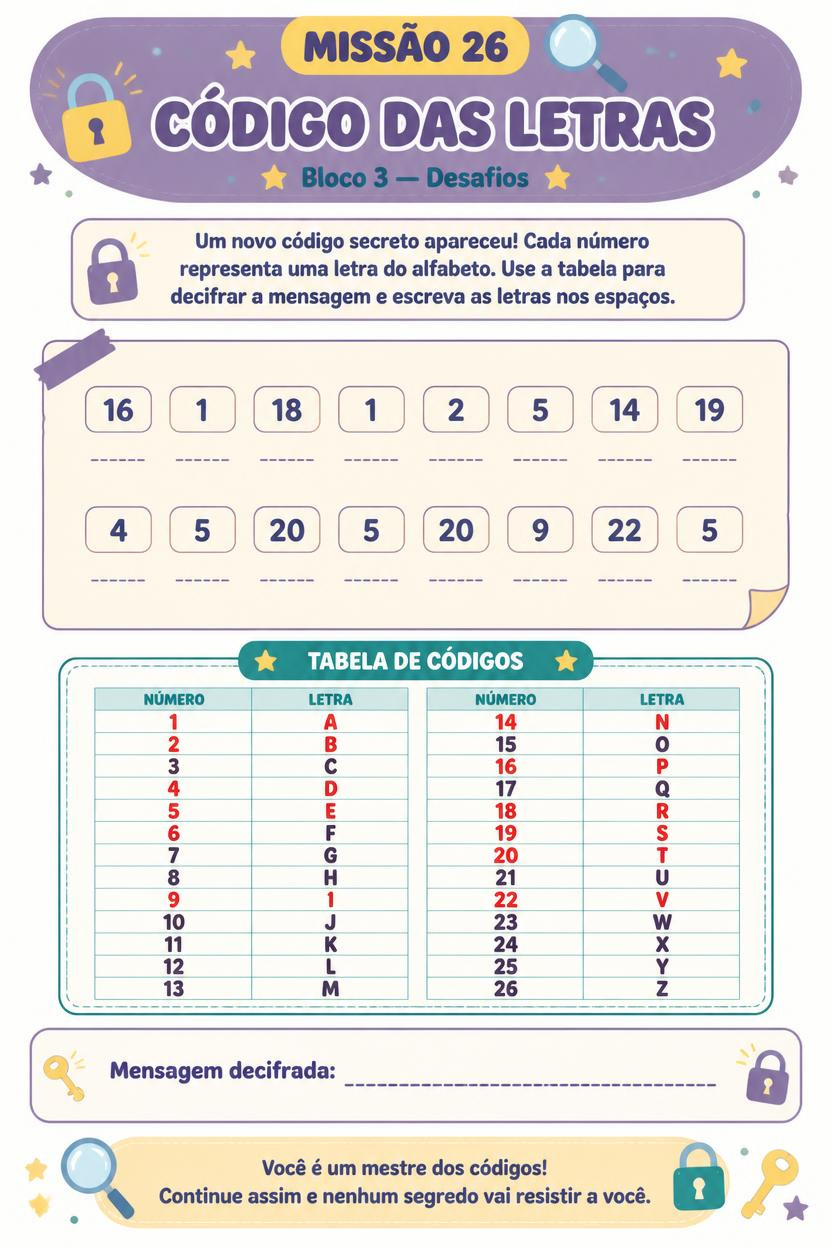 Missão 26 — Código das letras, página real do bloco Desafios