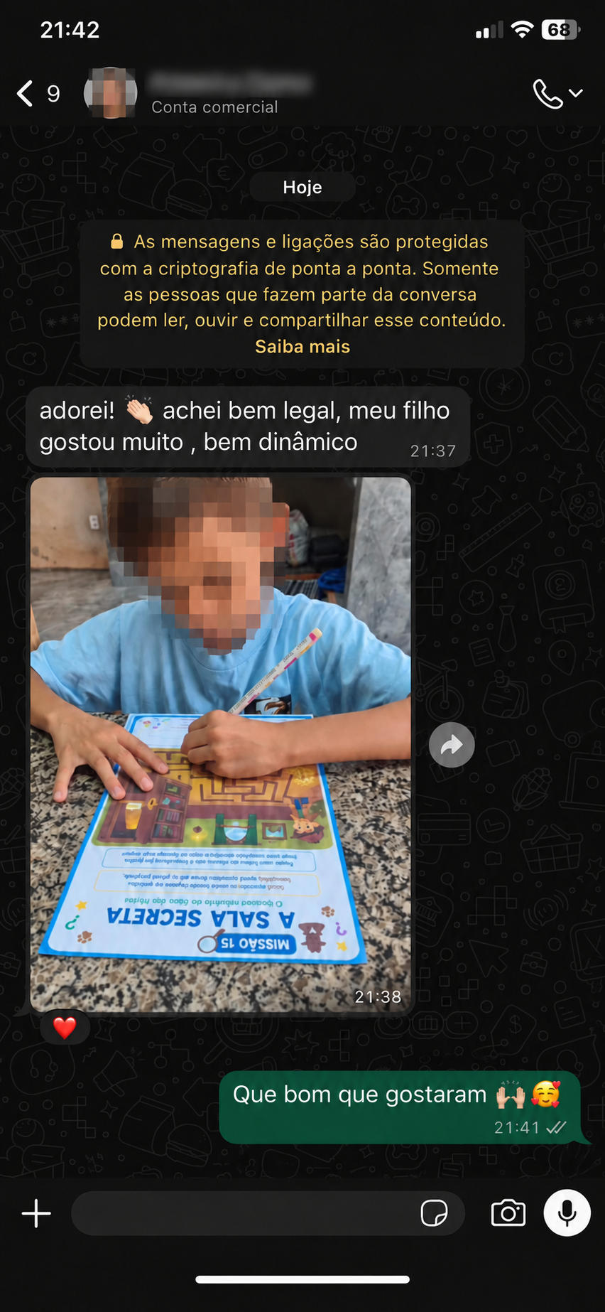 Depoimento dizendo que o filho gostou muito da atividade e achou o material dinâmico
